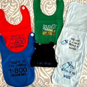 HandMade Embroidered bibs, burp cloths and hat